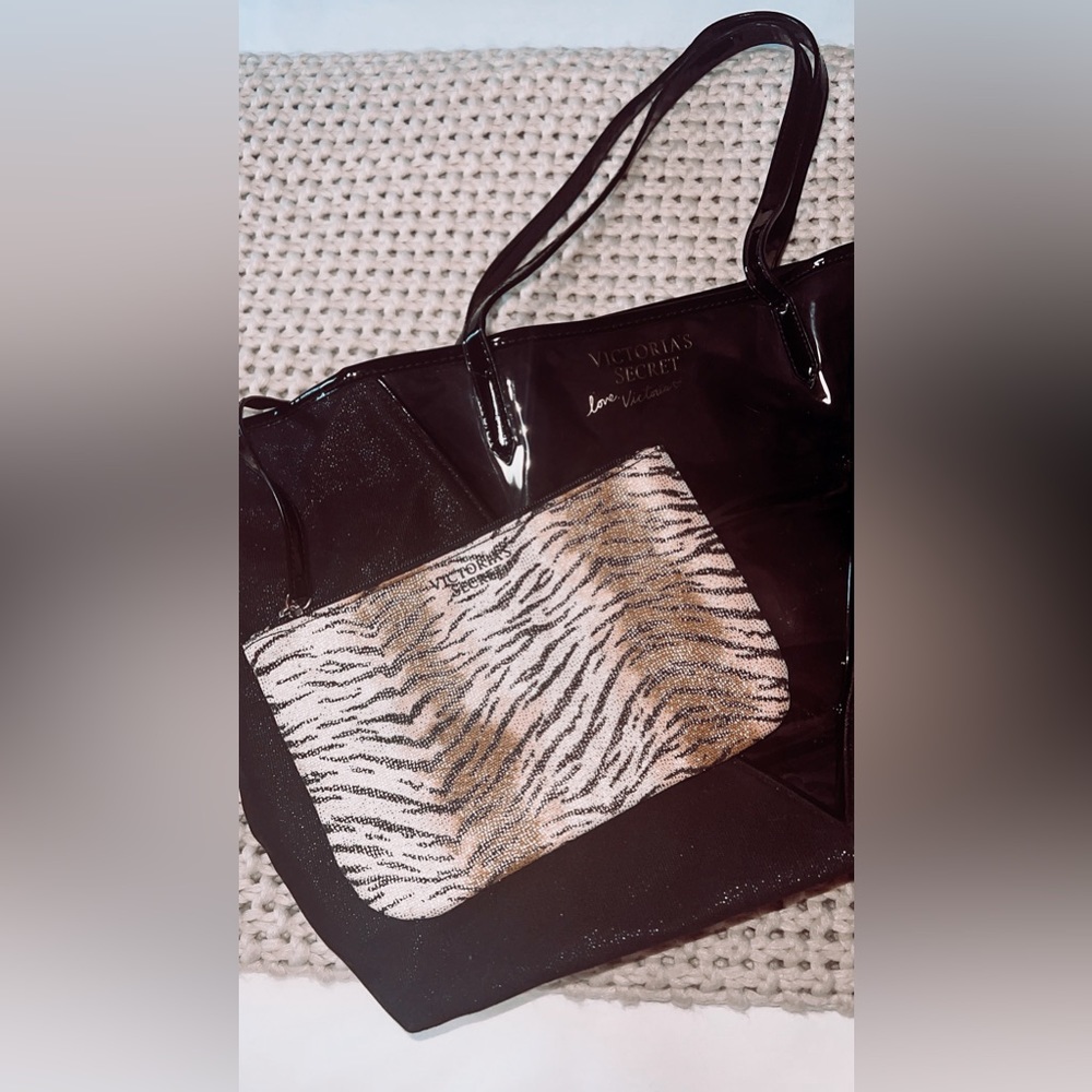 Victoria Secret Large Black Shimmer Tote with Animal Print Detachable Pouch
